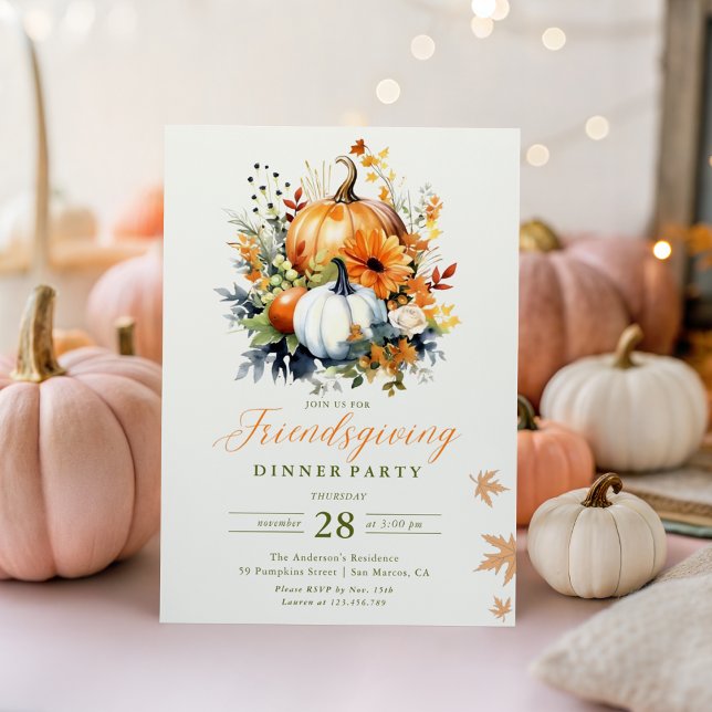 Friendsgiving Dinner Watercolor Floral Pumpkins  Invitation (Creator Uploaded)