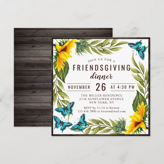 Friendsgiving Dinner Watercolor Sunflowers Invitation (Front/Back)