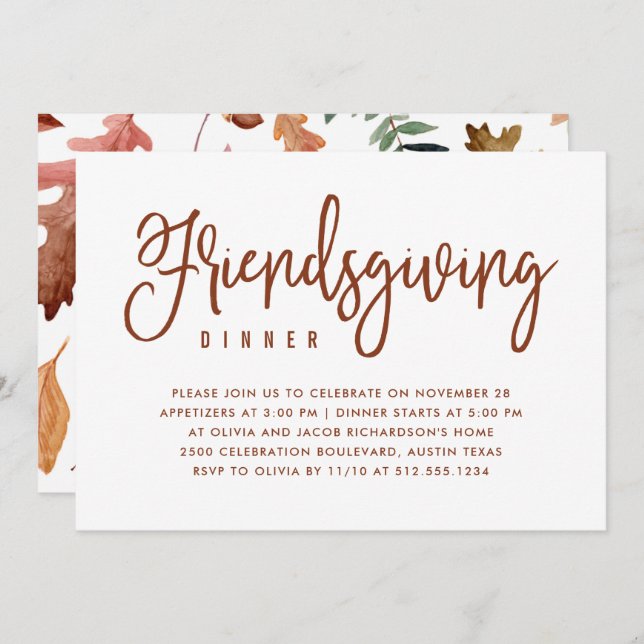 Friendsgiving Dinner | White with Autumn Leaves Invitation (Front/Back)