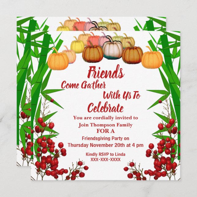 Friendsgiving Fall Autumn Pumpkin Berry Green Bush Invitation (Front/Back)