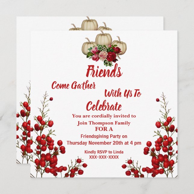 Friendsgiving Fall Autumn Pumpkins Roses Berries Invitation (Front/Back)