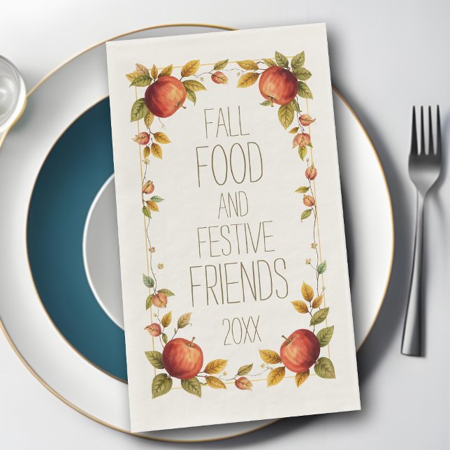 Friendsgiving Fall Food Festive Friends Apple Leaf Napkin (Personalized Friendsgiving napkins featuring a charming rustic border of Autumn leaves and apples)