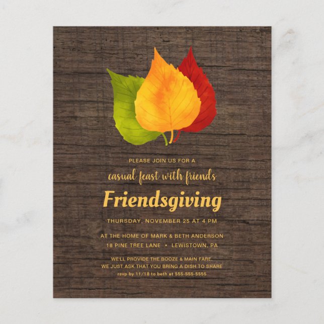 FRIENDSGIVING FALL LEAVES RUSTIC WOOD INVITE (Front)