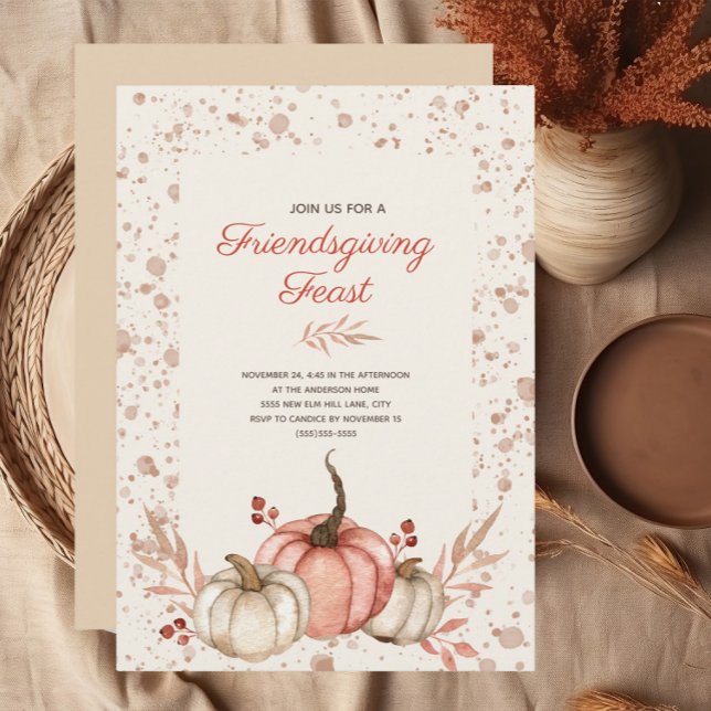 Friendsgiving Feast Rustic Country Autumn   Invitation (Rustic orange and white pumpkins watercolor Friendsgiving Dinner Invitation)