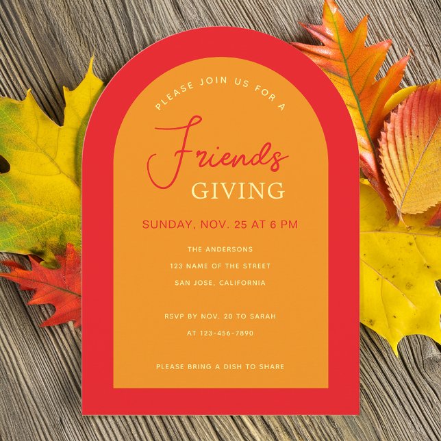 Friendsgiving Modern Arch Fall Colours Orange Red  Invitation (Invitation in situ with autumn leaves)