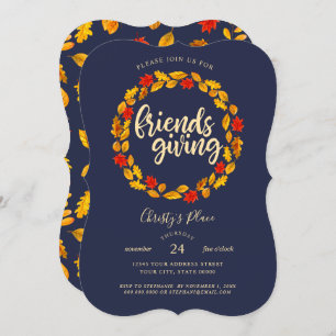 Friendsgiving Navy Autumn Leaves Wreath Invitation