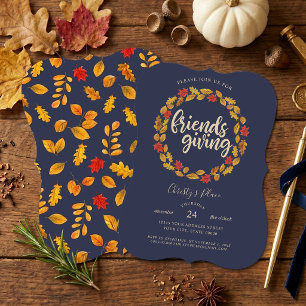 Friendsgiving Navy Autumn Leaves Wreath Invitation