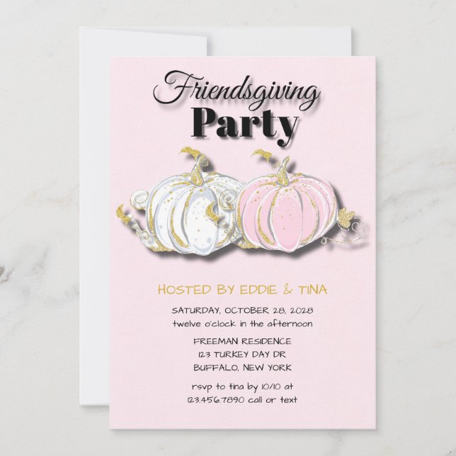 Friendsgiving Party Pink White Pumpkins Invitation (Front)