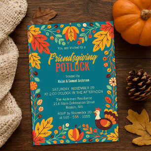 Friendsgiving Potluck Autumn Leaves Turkey Teal Invitation