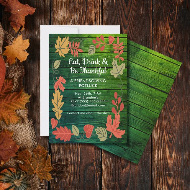 Friendsgiving Potluck Deep Colour Green Wood Invit (Friendsgiving Potluck Deep Color Green Wood Invite)