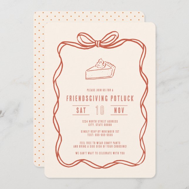 Friendsgiving Potluck Dinner Coquette Bow Pie Invitation (Front/Back)