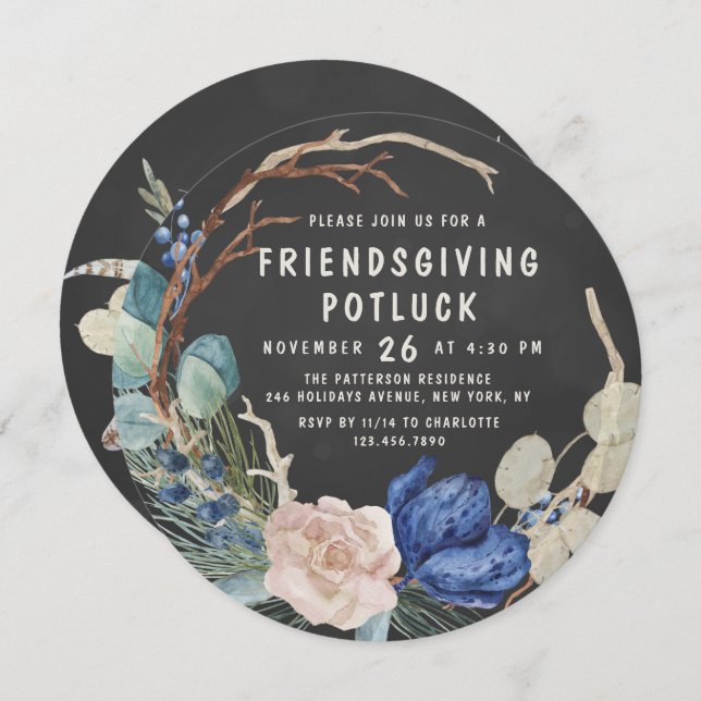 Friendsgiving Potluck Dinner Watercolor Floral Invitation (Front/Back)