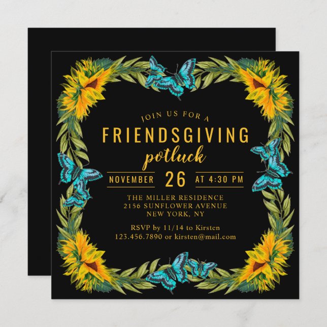 Friendsgiving Potluck Dinner Watercolor Sunflowers Invitation (Front/Back)