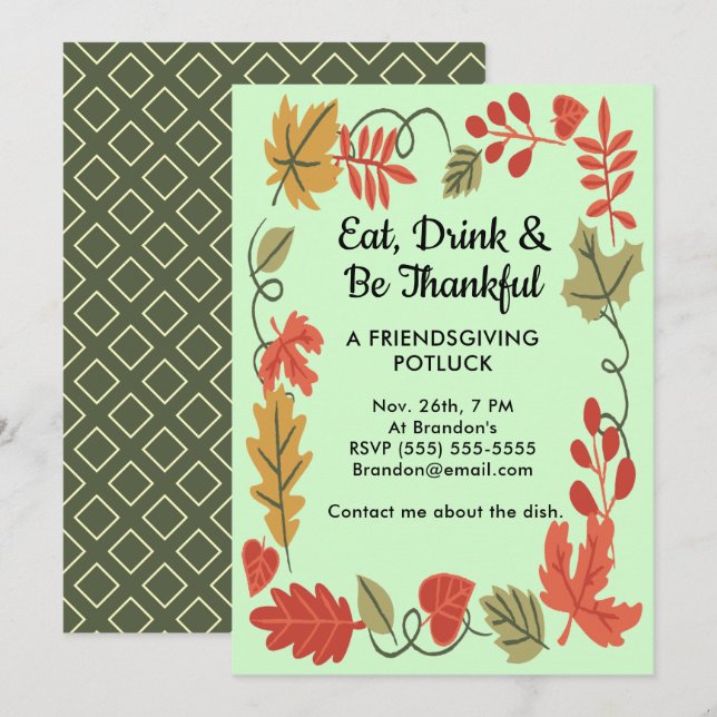 Friendsgiving Potluck Green Thanksgiving Invite (Front/Back)