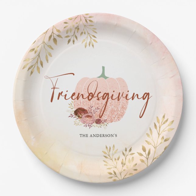 Friendsgiving Rose Gold Glitter Pumpkin Paper Plate (Front)