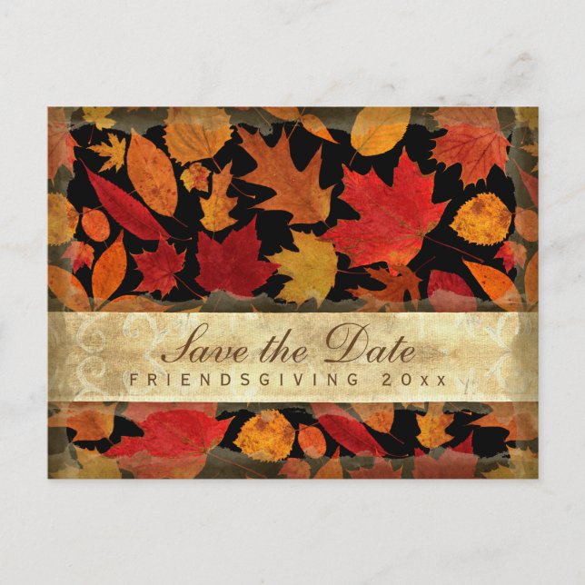 Friendsgiving Save the Date Autumn Leaves Black Invitation Postcard (Front)