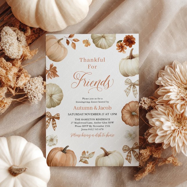 Friendsgiving Thanksgiving Dinner Pumpkin Bows Invitation (Thankful for friends. Thanksgiving invitation with rustic pumpkins and bows)