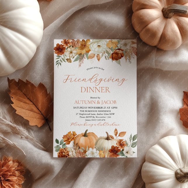 Friendsgiving Thanksgiving Pumpkin Fall Leaves Invitation (Friendsgiving Rustic Invitation Thanksgiving Dinner Party)