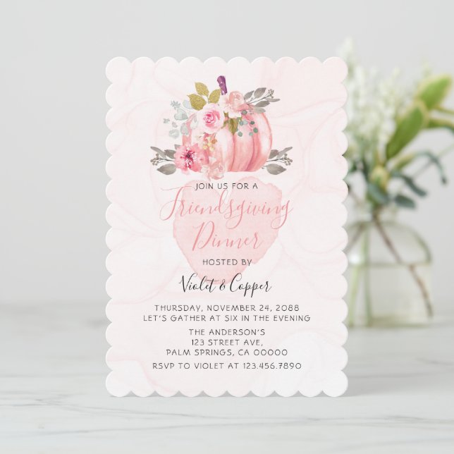 Friendsgiving Watercolor Pumpkin Peony Pink Invite (Standing Front)