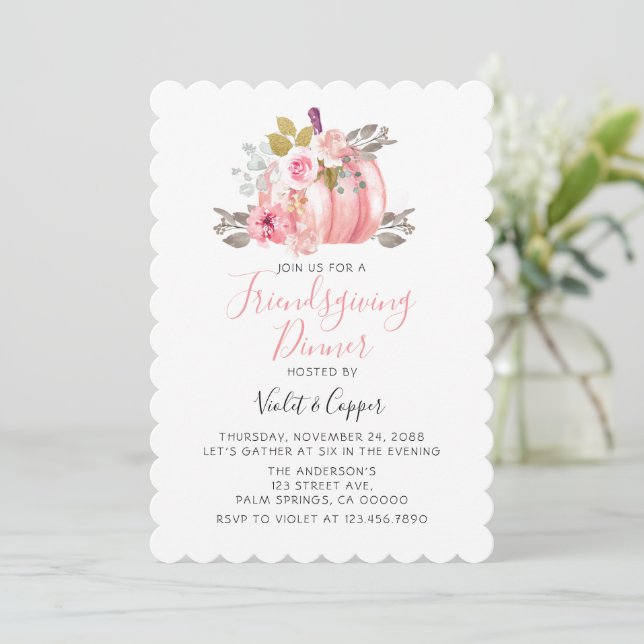 Friendsgiving Watercolor Pumpkin Peony Pink Invite (Standing Front)