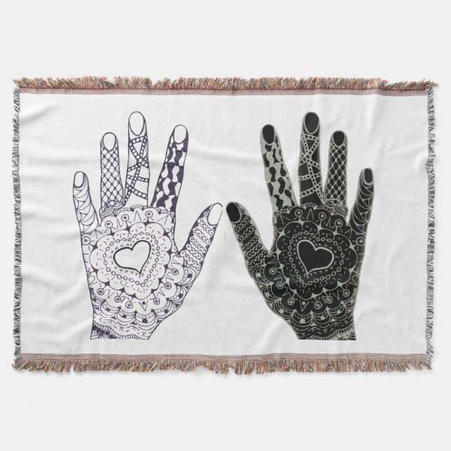 Friendship Black and White Decorative Hands Throw Blanket (Front)