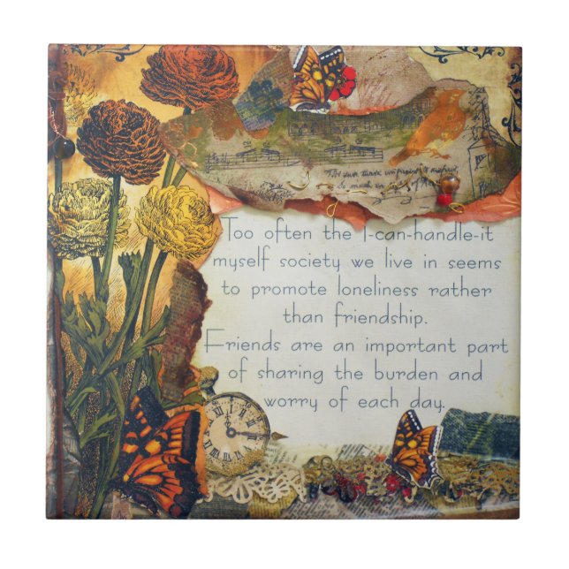 Friendship Flowers Butterflies Mixed Media Collage Tile (Front)