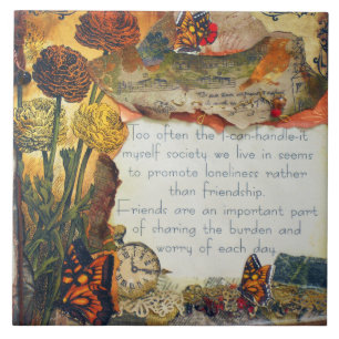 Friendship Flowers Butterflies Mixed Media Collage Tile