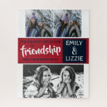 Friendship inspirational with names and photos jigsaw puzzle<br><div class="desc">This inspirational friendship quote puzzle is the perfect gift for your best friend! You can easily customise the puzzle by adding your names and replacing the three photos with your own pictures. The quote, in blue and red, reads: the greatest gift of life is friendship, and I have received it....</div>