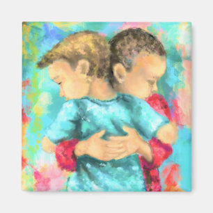 Friendship - Kids Hugging - Peace Love - Painting  Magnet