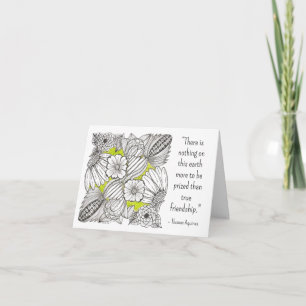 Friendship Quote, BW Floral Doodle with Green Thank You Card
