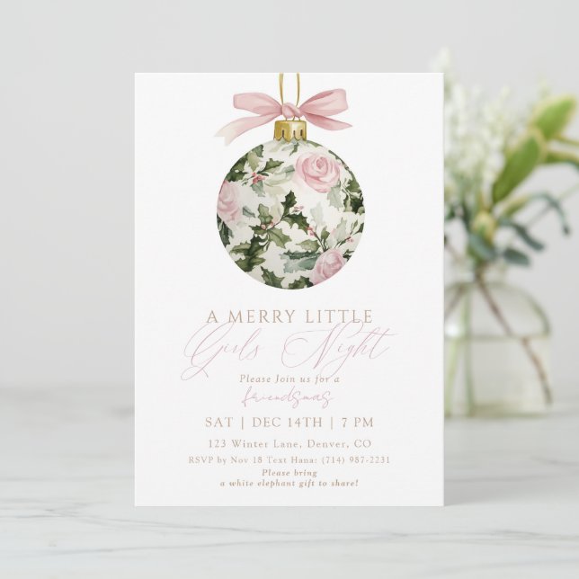 Friendsmas Floral Ornament Girls Night Christmas Invitation (Standing Front)