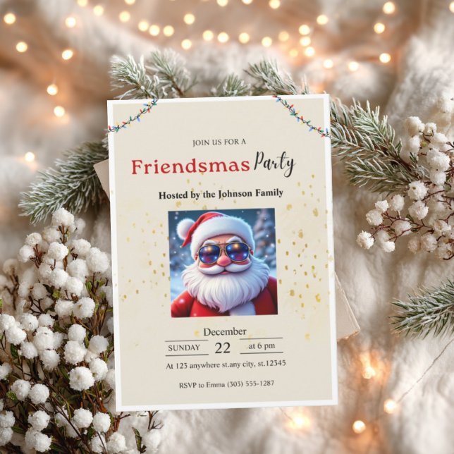 Friendsmas Party Invitation • Funny Christmas  (Friendsmas party invitation card with Santa design on cozy winter background and soft lights.)