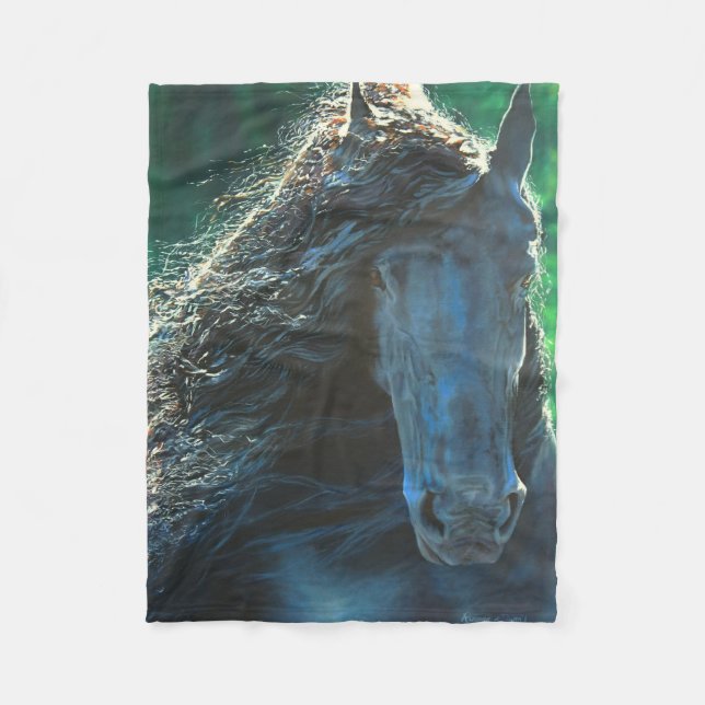 Friesian black beauty horse stallion fleece blanket (Front)