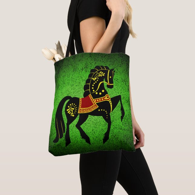 Friesian black stallion/black beauty, horse green tote bag (Close Up)