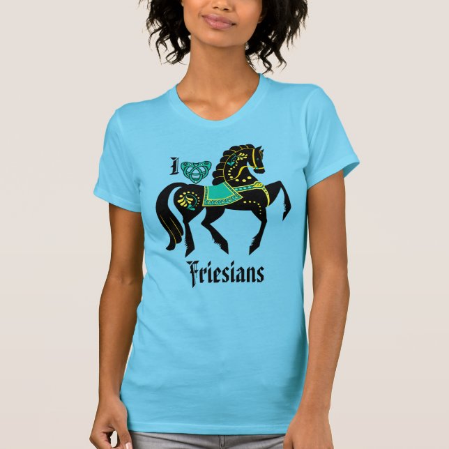 Friesian black stallion/blk beauty, gold/turquoise T-Shirt (Front)