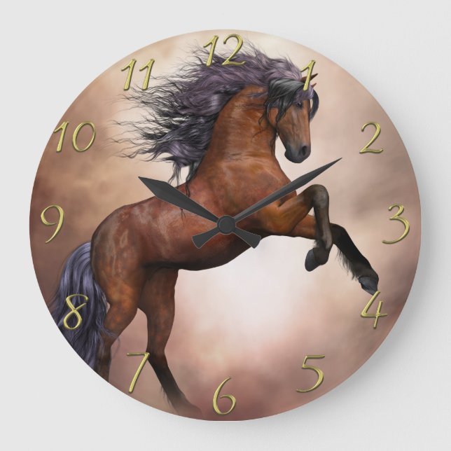 Friesian brown horse rearing up with misty clouds1 large clock (Front)