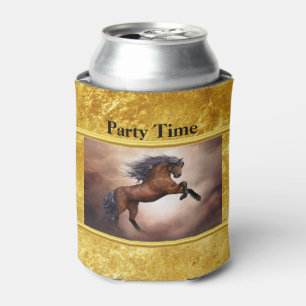 Friesian brown horse rearing up with misty clouds can cooler