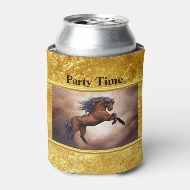 Friesian brown horse rearing up with misty clouds can cooler (Can Front)