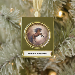 Friesian brown horse rearing up with misty clouds gold plated banner ornament