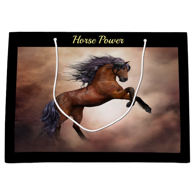 Friesian brown horse rearing up with misty clouds large gift bag (Front)