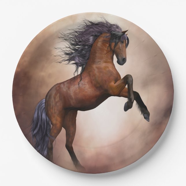 Friesian brown horse rearing up with misty clouds paper plate (Front)