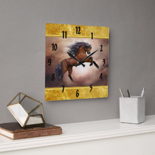 Friesian brown horse rearing up with misty clouds square wall clock