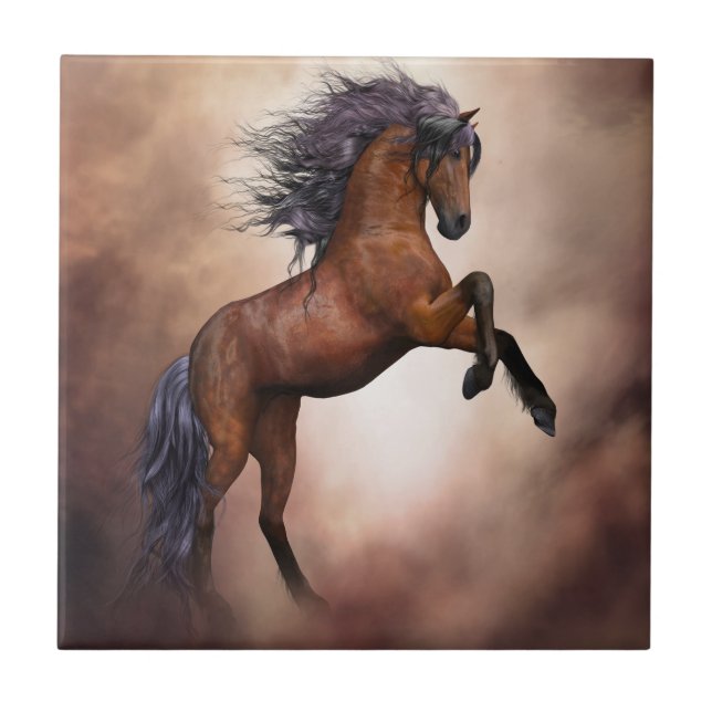Friesian brown horse rearing up with misty clouds tile (Front)