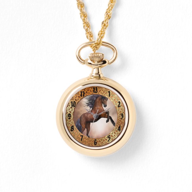 Friesian brown horse rearing up with misty clouds watch (Front)