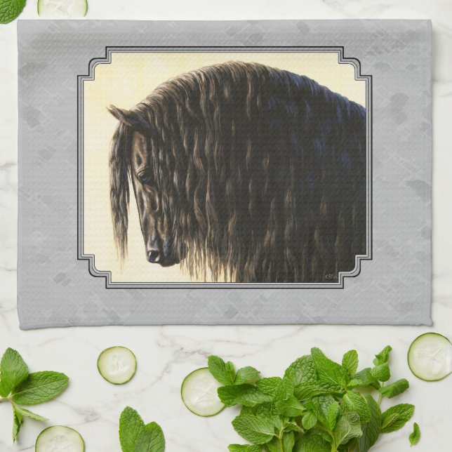 Friesian Draught Horse Silver Grey Tea Towel (Folded)