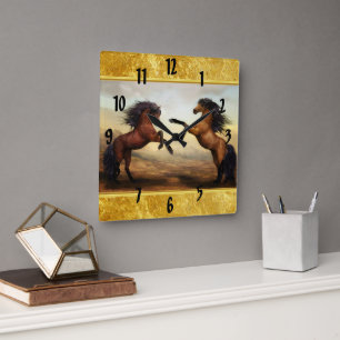 Friesian Draught   Horses in a rocky mountain Square Wall Clock