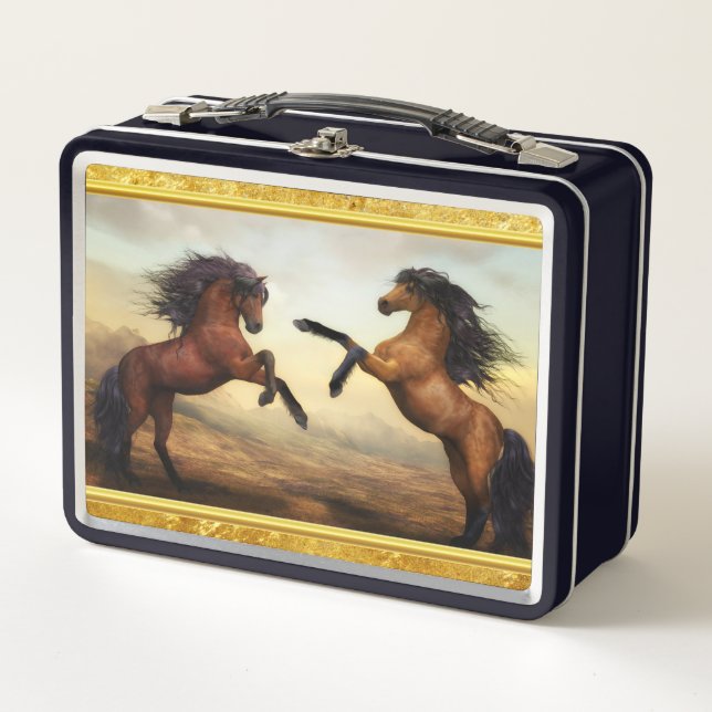 Friesian Draught Horses in a rocky mountain valley Metal Lunch Box (Front)
