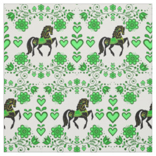 Friesian/Frisian Folk horse green/black,hearts, 4" Fabric