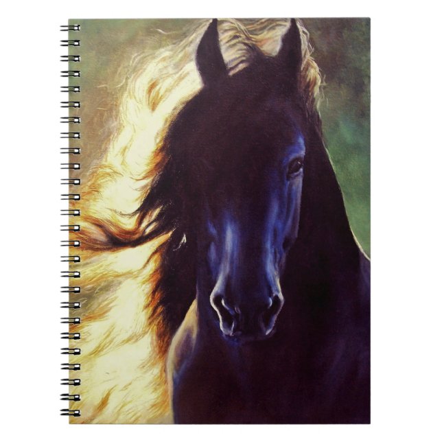 "Friesian Glow" black horse, stallion Spiral Notebook (Front)