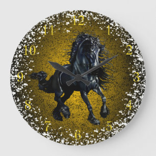 Friesian horse, black beauty, snow, gold granite large clock